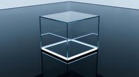 Transparent glass cube on a reflective dark surface with glowing edges, showcasing clarity and modern geometric design for luxury presentations.