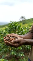 Farmer holding harvested cacao pods in hands over plantation field, showing raw cocoa beans ready for processing and production use.