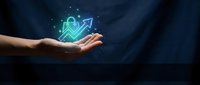 Digital security concept with glowing cyber protection icons floating above open palm against dark blue background for technology presentations.