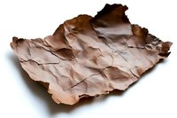 Crumpled brown paper with rough texture and deep shadows on white background, isolated vintage parchment sheet with torn edges and wrinkled surface.