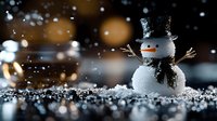Cheerful snowman with black top hat and scarf against dark background with falling snow and magical bokeh lights creating festive winter atmosphere.
