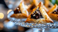 Traditional hamantaschen cookies filled with chocolate and sprinkled with sesame seeds on crystal serving plate. Festive holiday baking with bokeh lights background.