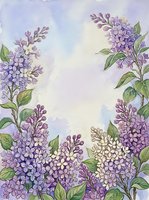 Watercolor lilac flowers with green leaves frame a soft lavender and cream background, creating an elegant botanical border design suitable for stationery, invitations, and floral artwork projects.