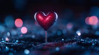 Red glittery heart-shaped decoration on stick against dark blue bokeh background with pink light spots, romantic Valentine's Day concept macro photography.