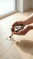 Adult male hands holding and pouring coins onto wooden floor near bright window, symbolizing savings, financial planning, wealth management, and money conservation for business or personal finance concepts.