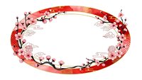 Oval frame with cherry blossom branches and traditional Asian patterns in red and pink watercolor style for spring designs and cultural celebrations.