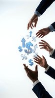 Business hands reaching for floating dollar signs and percentage symbols representing financial growth and investment opportunities.