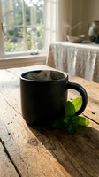 Black ceramic mug with fresh mint leaves on rustic wooden table in cozy kitchen interior with natural window light for morning beverage and herbal tea concepts.