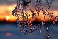 Frozen ice crystals on tree branches against dramatic winter sunset sky, glowing orange sun and blurred lake background creates magical nature scene.