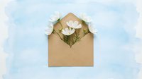 Kraft paper envelope with white roses on soft blue watercolor background for romantic greeting cards and wedding invitations.