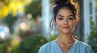 Young Hispanic female healthcare worker in blue medical scrubs smiling warmly at sunset, with soft bokeh background and natural lighting creating professional portrait.