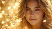 Young Caucasian woman with blonde wavy hair and natural makeup smiling gently against golden bokeh background, warm glowing evening light creates dreamy atmosphere.