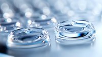 Macro photography of pure water drops creating circular ripple patterns with soft bokeh background in blue tones, showing liquid surface tension dynamics.