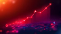 Glowing red neon arrow chart showing upward growth trend on digital grid background with bokeh lights for business and financial presentations.