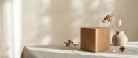 Minimalist wooden cube display stand on marble table with dried flowers and soft natural lighting for product presentation and home decor styling.