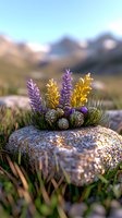 Delicate purple and yellow wildflowers growing from crevice in large mountain rock, with blurred alpine peaks in background, soft morning light creates magical atmosphere.