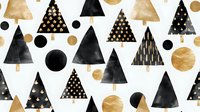 Seamless pattern with black and gold watercolor Christmas trees and dots on white background. Modern festive design for wrapping paper and holiday decor.