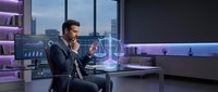 Professional businessman in suit analyzing holographic legal scales in modern office with city skyline view for corporate law and justice concepts.