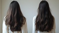 Two women with long dark brown wavy hair viewed from behind wearing light colored sweaters against neutral background for hair care concepts.