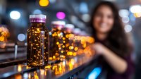 Glowing glass bottle with magical bokeh lights creating dreamy atmosphere at night, blurred female figure in background, warm golden illumination.