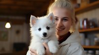 Young Caucasian woman with blonde hair holding adorable white Japanese Spitz puppy in cozy home interior with warm lighting and wooden shelves in background.