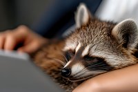 Sleepy raccoon resting on human hands close up view. Cute wild animal being rehabilitated shows trust and connection between wildlife and people.