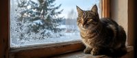Tabby cat sitting on windowsill looking outside at snowy winter landscape with frost-covered glass and evergreen trees visible through window.