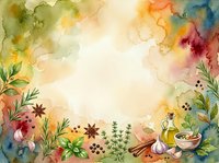 Watercolor botanical frame with vibrant flowers, herbs, and natural ingredients surrounding cream center space. Ideal for wellness, cooking, and organic product designs.