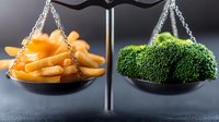 French fries and fresh broccoli on vintage balance scale showing contrast between healthy and unhealthy food choices in modern nutrition concept.