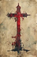 Red cross symbol with grunge texture and paint splatters on aged paper background for religious and spiritual design projects.