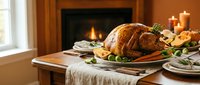 Roasted turkey centerpiece on dining table with fresh herbs, vegetables, and candles by fireplace for holiday feast celebration.