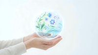 Hands holding glowing sphere with blue flowers and green leaves symbolizing environmental protection and nature conservation concept.