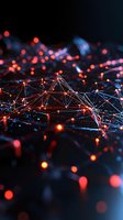 Abstract network visualization with glowing red and blue connections on dark background, representing digital technology and data communication systems.