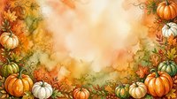 Autumn harvest frame with colorful pumpkins and fall leaves creating decorative border on warm watercolor background for seasonal greeting cards.