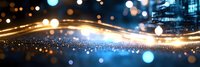 Abstract glowing wave with sparkling light particles and bokeh effect against dark background creating magical luminous motion trail.