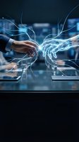 Business professionals connecting through digital energy streams representing partnership and technological collaboration in modern office environment.