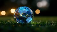Glowing blue Earth globe marble on grass with bokeh lights in background showing North and South America continents at night with city illumination.