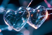 Glowing wire heart shapes with sparkles against blurred blue background create romantic atmosphere. Delicate light trails form valentine decoration.