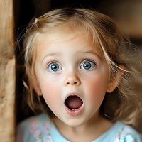 Young Caucasian girl with blue eyes and blonde hair expressing surprise with mouth open wide and amazed look, wearing light blue dress. Natural lighting portrait.