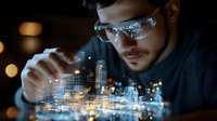 Young Caucasian male engineer in safety glasses examining holographic smart city model with glowing digital buildings and data visualization technology.