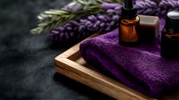 Purple towel with essential oil bottles and lavender flowers on wooden tray against dark background, spa wellness aromatherapy concept for relaxation and massage.