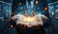 Hands holding glowing digital icons and symbols representing technology, innovation and data connectivity in futuristic business environment.