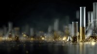 Laboratory test tubes with golden liquid and sparkling particles against dark background create mysterious scientific atmosphere. Medical research concept.