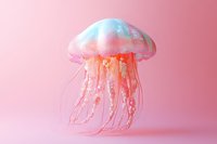 Translucent jellyfish with glowing blue and pink gradient bell and flowing tentacles against soft pink background, suitable for marine life, ocean themes, and aquatic design projects.