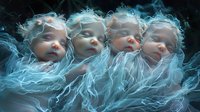 Ethereal portrait of sleeping baby faces surrounded by glowing blue light trails and mystical energy streams creating dreamy, supernatural atmosphere.