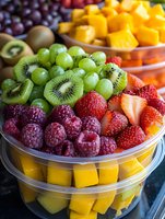 Colorful assortment of fresh cut fruits including raspberries, strawberries, kiwi, grapes, and mango in transparent containers for healthy eating or catering.