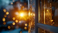 Magical window view with glowing sunburst through glass pane, golden bokeh lights and sparkles creating dreamy atmosphere. Cozy winter evening mood.