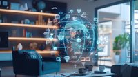Digital hologram of Earth with network connections and technology icons floating in modern office space with blue sofa and wooden shelves. Global connectivity concept.