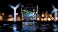 Glass with sparkling water and fresh herbs against blurred wind turbines at night, creating magical atmosphere with bokeh lights and reflections.