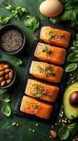 Raw salmon fillets garnished with herbs and seeds on black slate, surrounded by fresh ingredients including avocado, almonds, chia seeds, and basil leaves on green surface.